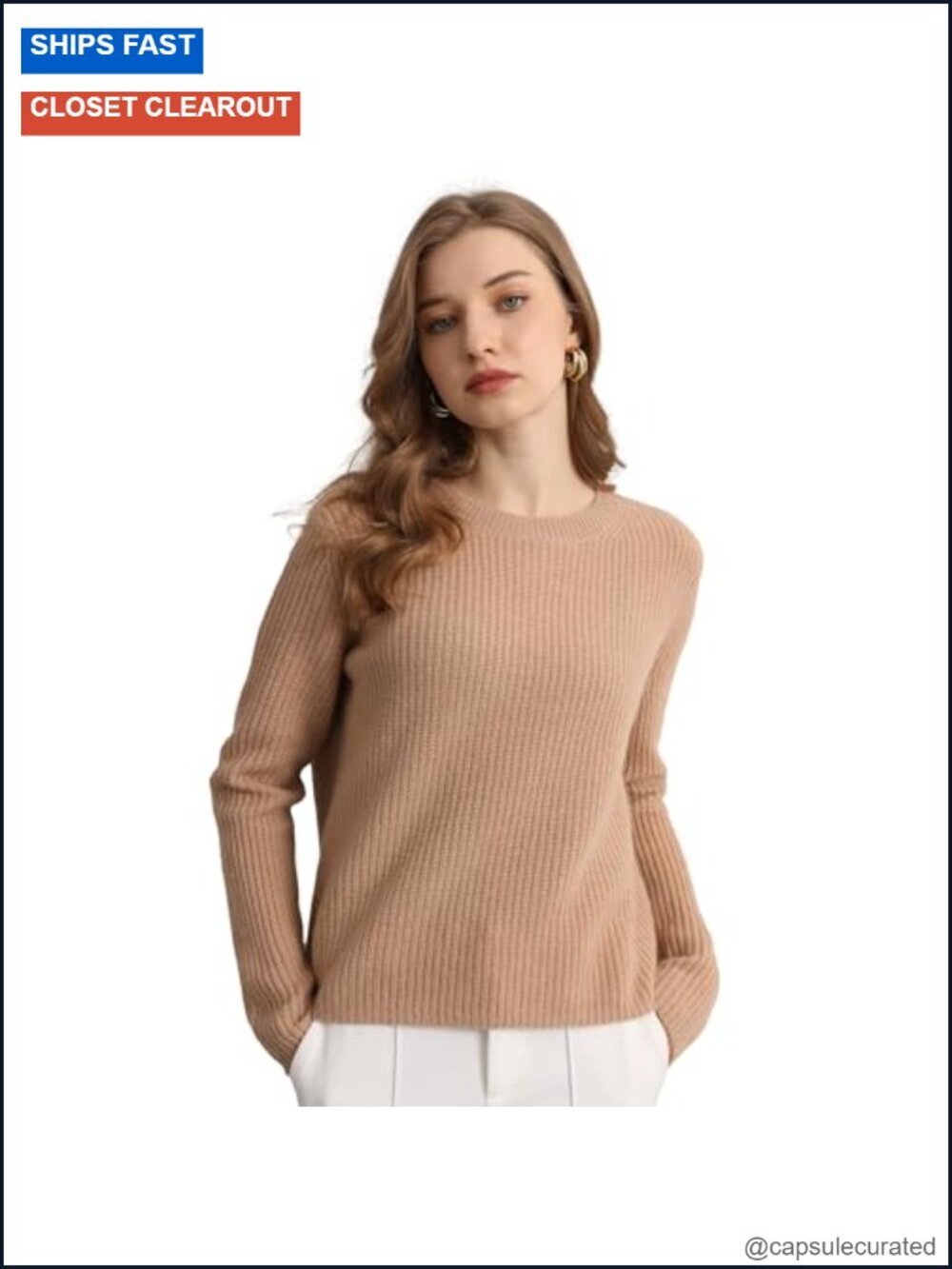Recycled Cashmere Crewneck Ribbed Long Sleeve Pullover Sweater
